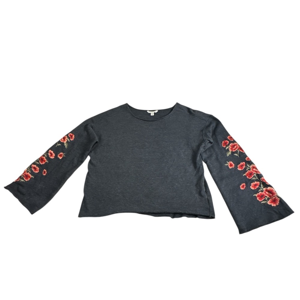 American Eagle Outfitters Women's Red Floral Embroidered Long Sleeve Shirt Med